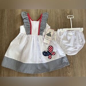 NEW! Rare Editions Seer Sucker White/Navy Butterfly Dress Set-size 24 months